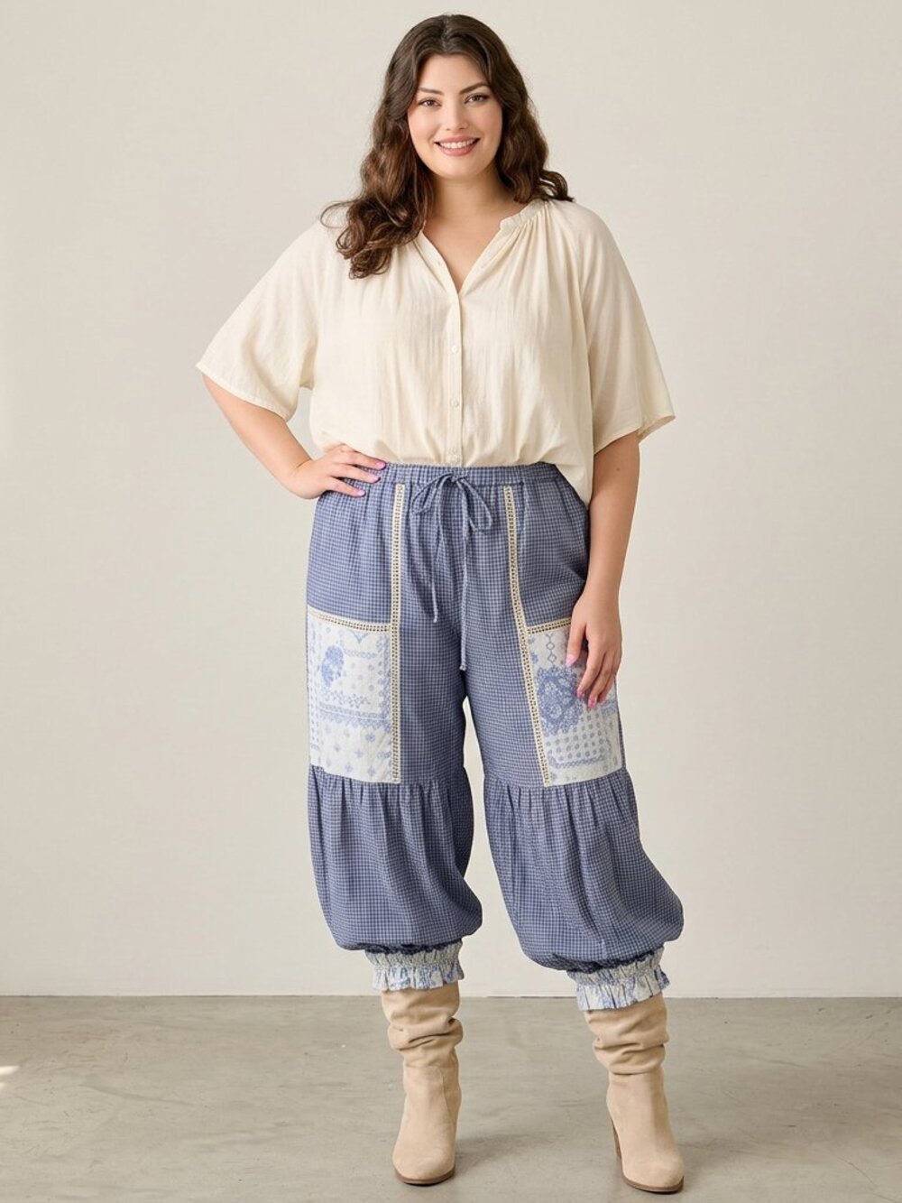 Davi & Dani Contrast Patchwork Bloomer Pants in Blue - Picture 3 of 5